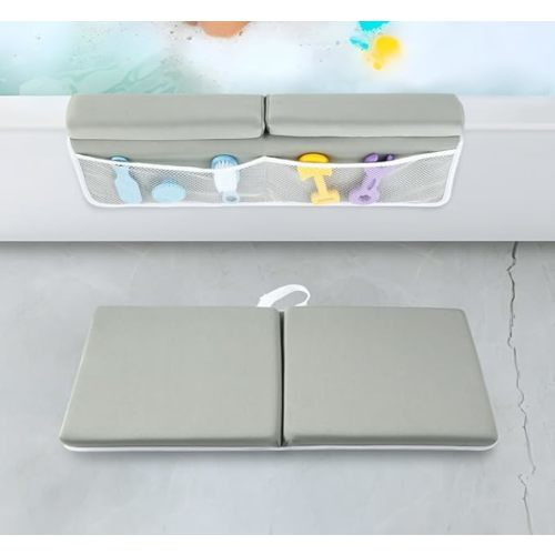 PandaEar Baby Bath Kneeler & Elbow Rest Pad, Comfortable Non-Slip Kneeling Mat Cushion with Toy Organizer Storage Pockets, Foldable Foam Mat for Toddler Bathroom Bathing Time (Grey)