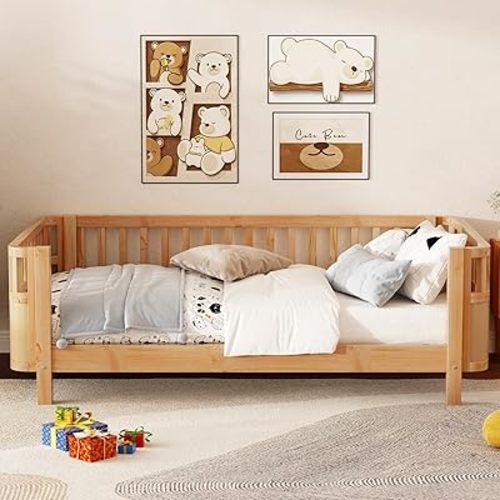 KEIKI Twin Size Wooden Floor Bed, Montessori Platform Bed Frame with Low Profile & Safety Rails, Space Saving Kids Beds for Boys Girls Bedroom, No Box Spring Needed, Easy Assembly, Noise Free, Brown