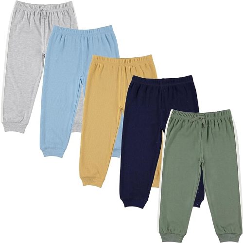 Cudlie 5-Pack Baby/Toddler Boys Jogger Pants - Lightweight Tapered Sweatpants - Lounge Jogger for Boys - Heather Grey, Baby Blue, Yellow, Navy, Green