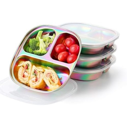 AIEVE Stainless Steel Kids Plates, Pack of 4 Stainless Steel Divided Toddler Plate with Lids