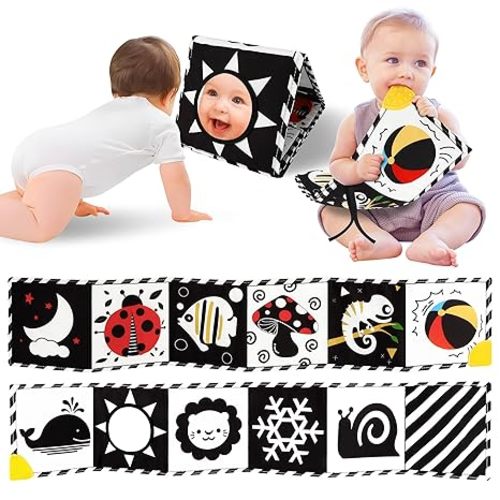 High Contrast Baby Book with Teether, Black and White Baby Toys, 0-6-12 Months Brain Development for Newborn, Soft Baby Book, Montessori Learning Activities Gift for Babies Tummy Time Toys, Baobrava - Colorful High Contrast Baby Book