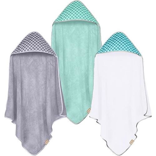 CORAL DOCK 3 Pack Baby Hooded Bath Towel Sets, Ultra Absorbent Baby Essentials Item for Newborn Boy Girl, Baby Bath Shower Towel Gifts for Infant and Toddler - Classic Neutral Plaid