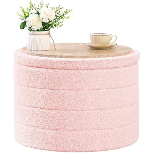 B FSOBEIIALEO Ottoman with Stroage, Round Sherpa Storage Ottoman Stool, Boucle Foot Rest22 x 22"x15.75" (Pink