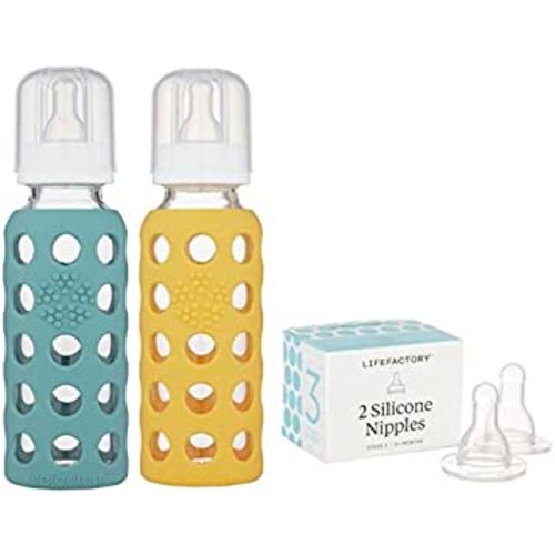 Lifefactory 9oz Glass Baby Bottle 2pk Bundle with 2 Stage 3 Nipples (Kale/Mango)