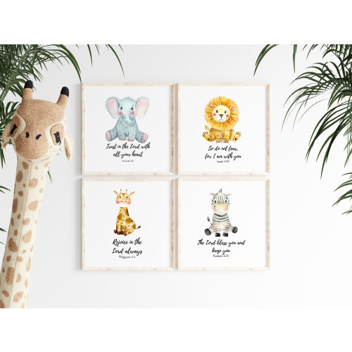 Noah’s Ark Nursery Prints (Set of 4) — Bible Verse Wall Art for Baby’s Room — Framed or Unframed
