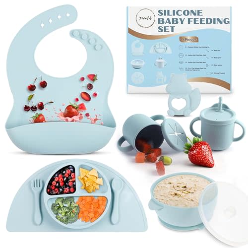 Five14 Silicone Baby Feeding Set – Toddler Plates and Bowls Set, Baby Eating Set with Baby Utensils, Suction Plates for Baby, Spill-Proof Sippy Cup, Soft Bib & Utensils, Plates for Babies 6-12 Months
