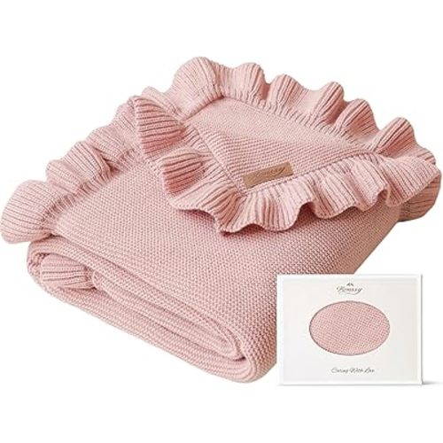 Konssy Knit Baby Blanket with Ruffle Edge, Ultra-Soft Receiving Baby Blankets for Girl, Boy, Nursery Swaddle Wrap for Newborns, Boho Stroller Cover & Registry Gift (Pink)