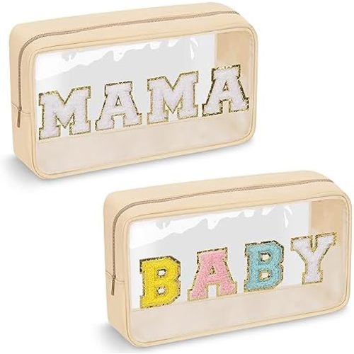 2 Pcs Chenille Letter Clear Makeup Bag Mama Baby Pouch, Mama Baby Hospital Duffle Bag Clear Diaper Bag Organizing Pouches with Zipper, Travel Baby Toiletry Bag Nylon Cosmetic for Women Girl(MAMA+BABY)