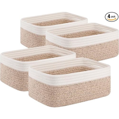 OIAHOMY 4 Pack Storage Baskets for Organizing, Small Bins for Shelves, Cute Decorative Storage Bins, Organizer Baskets for Gifts Empty, 11.8''Lx7.8''Wx4.7''H, Brown/White