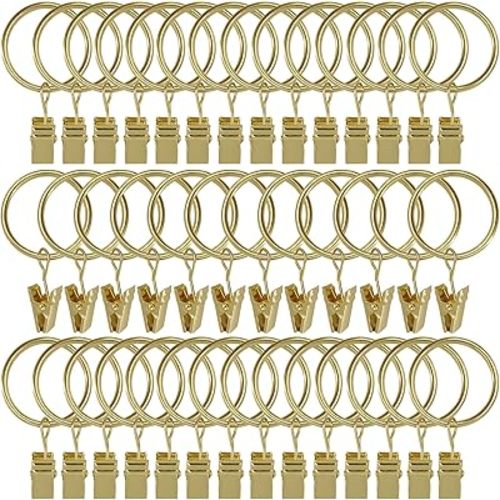 40 Pack Curtain Rings with Clips, Drapery Clips with Rings, Drapes Rings 1.26 in Interior Diameter, Fits up to 1 in Curtain Rod, Gold Color