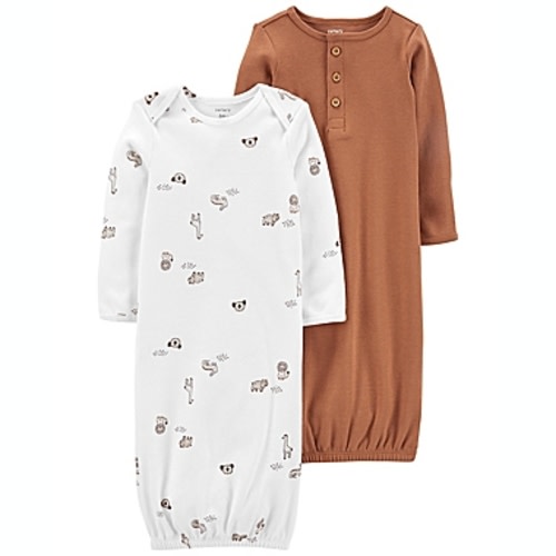 carter's® 3 Months 2-Pack Animals/Solid Sleeper Gowns in White/Browncarter's®