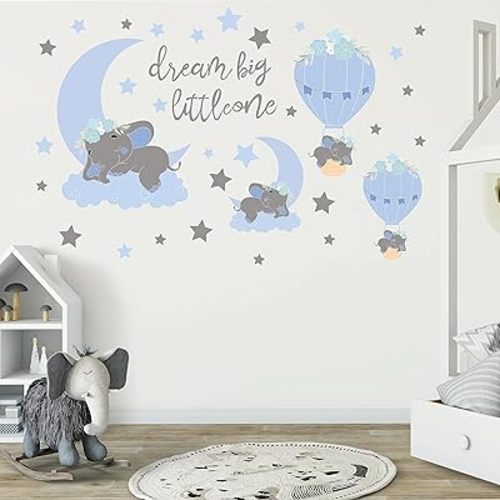 Dream Big Little One Elephant Wall Stickers,Baby Room Decor Blue Moon Hot Air Balloon Grey Stars Wall Decals for Nursery Wall Stickers Kids Room Living Room Bedroom Home Decorations
