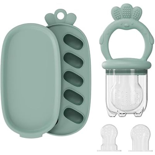 Baby Food Fruit Feeder, Breastmilk Baby Popsicle Molds, Silicone Teether Freezer Tray Food Feeder Pacifier for Teething Relief (Green)