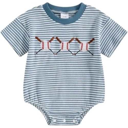 Infant Baby Boy Girl Baseball Outfit Embroidery Stripe Short Sleeve Bubble Romper Waffle Knit Bodysuit Summer Clothes