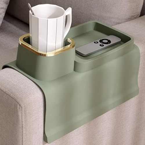 Elimiko Couch Cup Holder Tray, Silicone Anti-Spill and Anti-Slip Couch Drink Holder, Strong and Weighted Phone/Remote/Snacks Sofa Cup Holder (Olive Green)