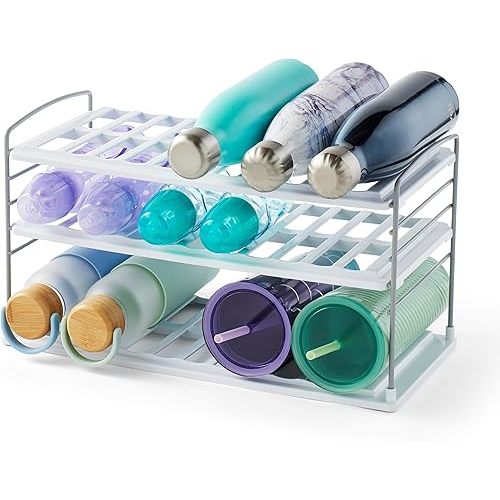 YouCopia UpSpace Water Bottle and Travel Mug Cabinet Organizer, Adjustable Storage Rack for Kitchen Organization, 3-Shelf Wide