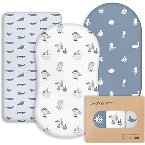 Baby Bassinet Sheets Girl Boy, Stretch Fitted Bassinet Sheet Set 3 Pack Bassinet Mattress Sheets Universal Fit for Rectangle, Round, Oval, Hourglass Mattress, Soft Breathable Blue Ocean Sailor