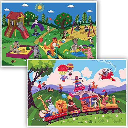 Klean Kids Animals at Play Disposable Placemats for Baby, 40 Pack Sticky Toddler Placemat for Restaurants | 12" X 18" Kids Placemat, Fun Design Baby Place Mat for Dining Table