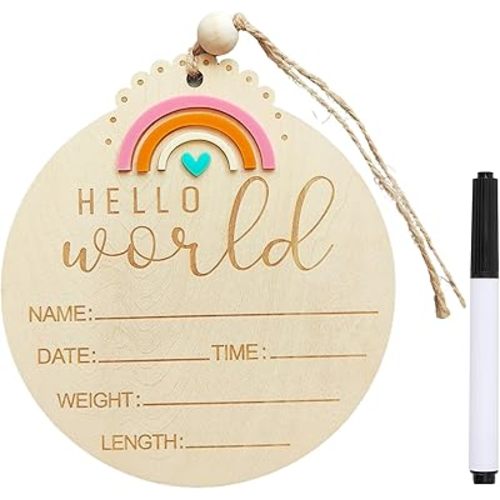 Butterfly Baby Announcement Sign, 5.9 Inch Wooden Hello World Newborn Signs, Birth Announcement Sign, Rainbow Decoration, Welcome Newborn Arrival to World, Hospital Nursery for baby