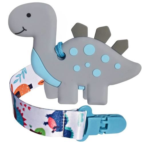 1 Soft Dinosaur Teether for Babies and 1 Baby Pacifier Clip, Valentines Day Gifts for Baby Girl Boy,Silicone Chew Toys for Baby (Grey Dinosaur)