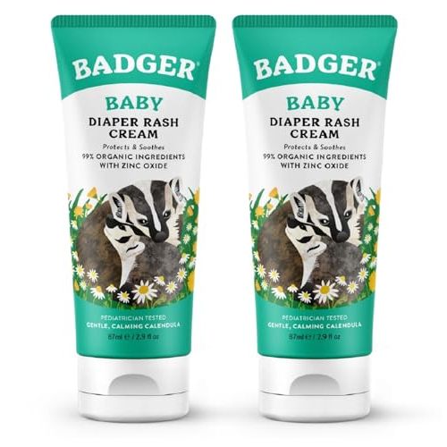 Badger Diaper Cream, 99% Organic Diaper Rash Cream for Baby, Zinc Oxide Ointment w/Soothing Calendula Cream for Sensitive Baby Skin, 2.9 fl oz, 2-Pack