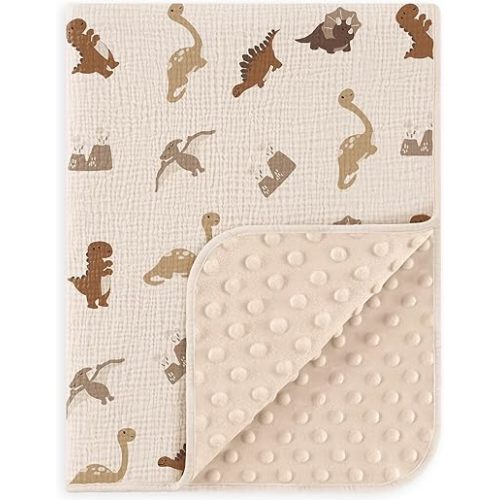 Susurration Baby Blanket Muslin Cotton Front Dotted Fleece Back 30x40inch Dinosaur
