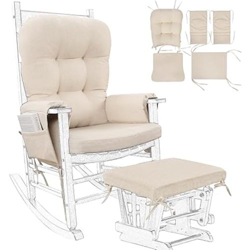 BUYUE Glider Rocker Replacement Cushion 5 PCS with Ties, Linen High-Density Foam Non-Slip & Washable Rocking Chair Pads for Sitting,Beige