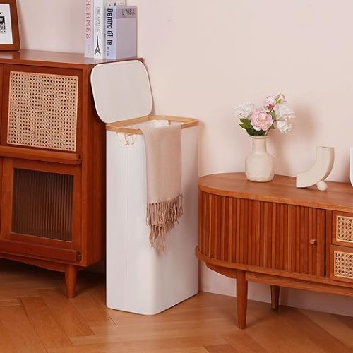efluky Slim Laundry Hamper with Lid, Narrow Laundry Hamper with Removable Bags, Collapsible Dirty Clothes Basket with Handles for Bathroom, Bedroom & Laundry Room, 63L Beige
