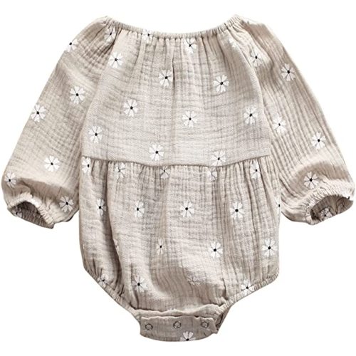 Newborn Baby Girls Floral Print Long Sleeve Round Neck Vintage Romper Infants Ruffles Jumpsuit - Grey Flower - 6 Months