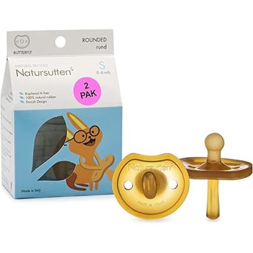 Natursutten Pacifiers 0-6 Months - 2-Pack Butterfly Shield Round Nipple Natural Rubber Safe & Soft BPA-Free Pacifiers for Breastfeeding Babies - Newborn Pacifiers Made in Italy