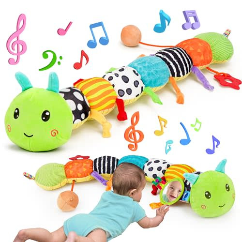 Baby Sensory Toy 0-6 Month Music Animal Stuffed Plush Caterpillar Toy for Infant 0-3-6 Month Tummy Time with Baby Mirror Crinkle Rattle for 6-12 Month Texture Toy for Newborn Boys Girls Birthday Gifts