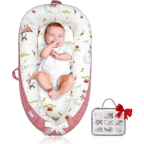 Baby Lounger for Newborn Cover - Newborn Lounger for 0-12 Months, Breathable & Portable Infant Lounger - Adjustable Cotton Soft Baby Floor Seat for Travel, Newborn Essentials - Pink Deer