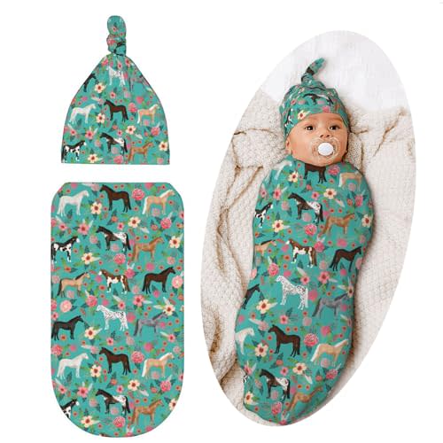 Swaddle Blanket Horse Baby Stuff Newborn Baby Swaddling Blanket Sleep Sack with Beanie Hat Sets Gifts for Boys Girls Infant And Baby Shower Unisex