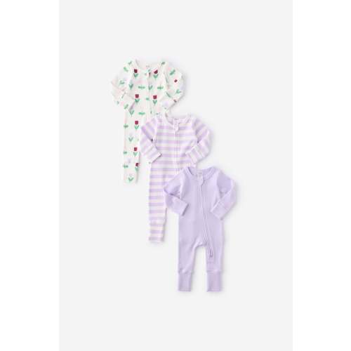 The 3Pk Long Sleeve Zip All In One Romper - Color: vintage lilac/tulips, 3-6months