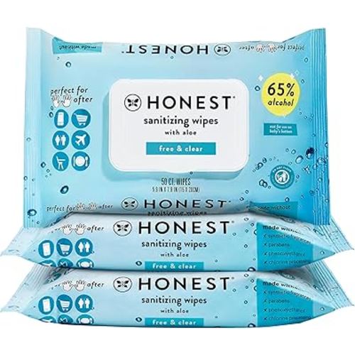 The Honest Company Fragrance Free Sanitizing Alcohol Wipes | Antibacterial + Safe for Hands | Kills 99% of Germs, Made With Aloe | 150 Count (3 Packs of 50)