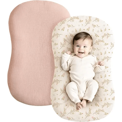 Konssy Muslin Baby Lounger Cover 2 Pack, 100% Cotton Newborn Lounger Cover, Soft and Breathable Lounger Slipcover for Boys Girls, Covers Only (Pink, Floral)