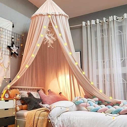 Bed Canopy for Girls, Dreamy Frills Ceiling Hanging Princess Canopy Bedroom Decoration Soft Canopy Net Reading Nook, Extra Large Full Queen Size Bed Canopies - Light Pink