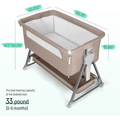 Cowiewie Bassinet Bedside Sleeper, Baby Bassinet with 7 Adjustable Height, Bedside Bassinets for Baby with Breathable Mesh Sides & Mattress, XL Storage, Easy Folding Crib (Brown)