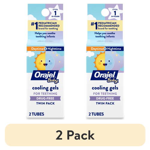 (2 pack) Orajel Baby Teething Cooling Gels, Drug-Free Relief for Painful Gums, Day & Night, 0.18 oz, 2 Ct