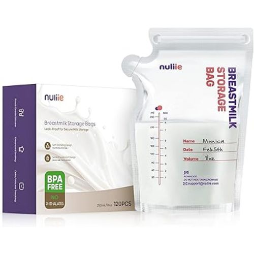 Nuliie 120 Pcs Breastmilk Storage Bags, 8 OZ Breast Milk Storing Bags, BPA-Free, Milk Storage Bags with Pour Spout for Breastfeeding, Self-Standing Bag, Space Saving Flat Profile