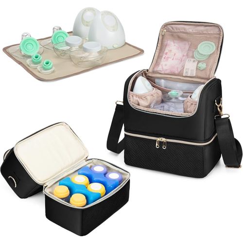 Fasrom Breast Pump Bag with Cooler Compartment Compatible with Momcozy, Medela and Willow Hands Free Pump, Pumping Tote with Waterproof Mat, Black