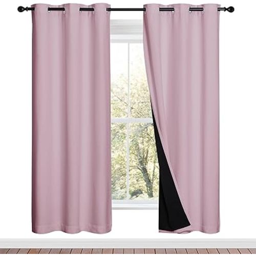 NICETOWN 100% Blackout Window Curtain Panels, Baby Pink, 2 Pieces, 42-inch Wide Per Panel, Full Light Blocking Drapes with Black Liner for Nursery, 72-inch Drop Thermal Insulated Draperies