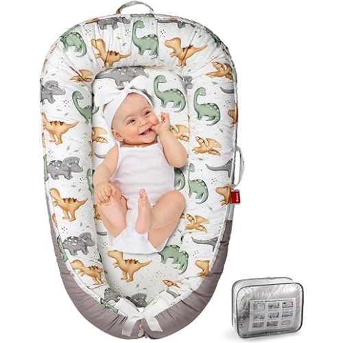Baby Lounger - Baby Lounger for Newborn 0-24 Months, Co Sleeping Breathable & Soft Baby Nest, Portable and Lightweight Infant Lounger Newborn Babies Essentials Gifts, Grey Dinosaur
