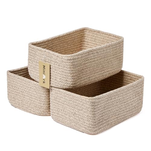MiniArk Shelf Storage Baskets for Organizing | Closet Organizer Bins | Small Baskets | Toy Basket | Cube Decorative Box | Shallow Basket | Woven Rope Basket | 11.5×7.5×4.7” | 3 Packs Mixed Brown