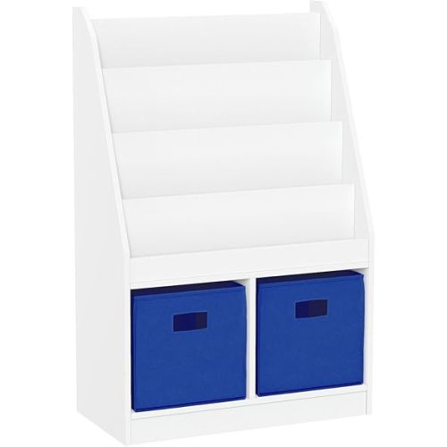 RiverRidge Kids Bookshelf & Toy Storage Organizer with 4 Book Racks, 2 Cubbies and 2 Blue Storage Bins - Versatile Book Nook Toy Tidy