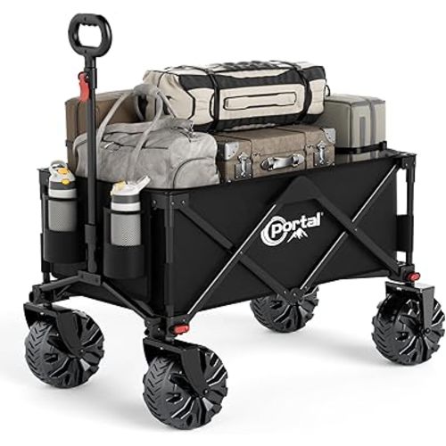 PORTAL Collapsible Folding Utility Wagon, Heavy Duty Foldable Wagon with All Terrain Wheels, Large Capacity Beach Wagon for Outdoor, Camping, Garden, Shopping, Groceries, Black
