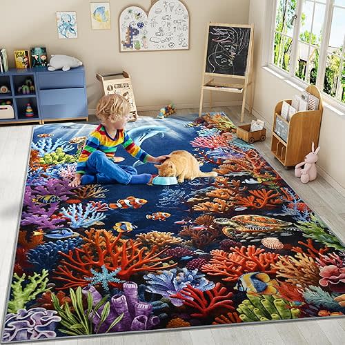 Amearea Soft Kids Rugs for Toddler Bedroom Playroom Classroom, Colorful Sea World 5x7 Area Rug, Non-Slip Washable Play Mat Nursery Rug, Fish Coral Reef Ocean Theme Carpet for Boy Girl Room Decor, Blue
