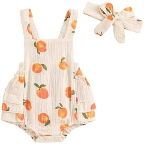 Baby Girl Peach Clothes Cotton Linen Fruit Overalls Romper Sleeveless Side Tiered Ruffled Jumpsuit Summer Outfit