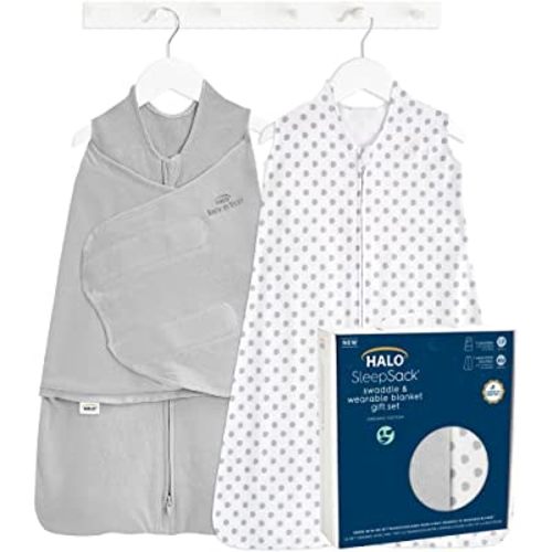 HALO Sleepsack Swaddle 3-6 Months and Wearable Blanket 6-12 Months 100% Organic Cotton 2-Piece Gift Set with Box, TOG 1.5, Cloud