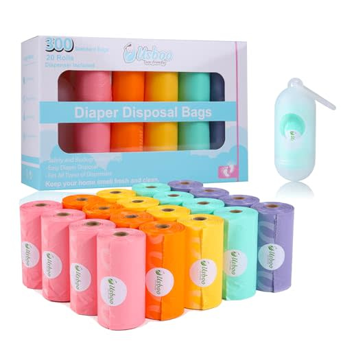 USBOO Diaper Bags Disposable for Baby, 20 Refill Rolls/300 Bags Waste Bags with Dispenser, Convenient and Quick Diaper Disposal, Rainbow